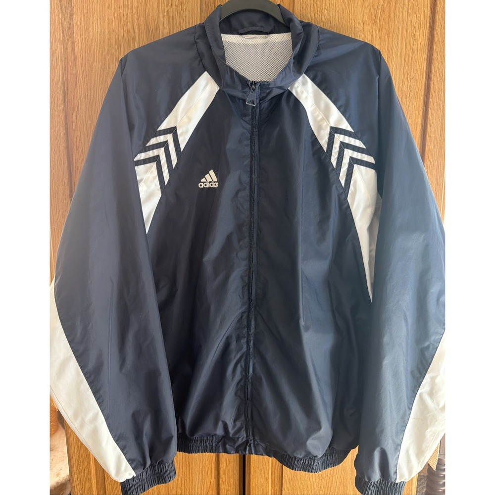 Vintage 3 Stripe Blue & White Zippered ADIDAS Jacket - Size XL Windbreaker